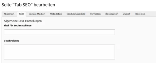 Screenshot des Eingabefelds für die Meta-Beschreibung im SEO-Tab der Seiteneigenschaften in TYPO3