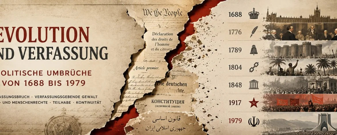 Graphische vislualisierung des Seminarthemas durch Ausschnitte aus Verfassungstexten, ein zerrissenes Dokument und eine Zeitleise (rechts), die von oben nach unten Revolutionen nennt.