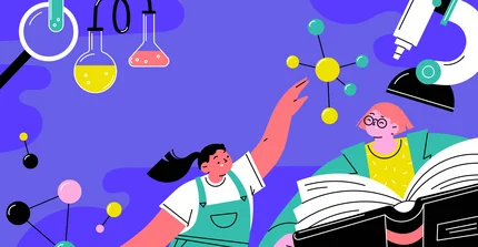 Eine Symbolfigur zeigt nach oben auf wissenschaftliche Instrumente und Apparaturen, eine zweite Symbolfigur liest in einem Buch