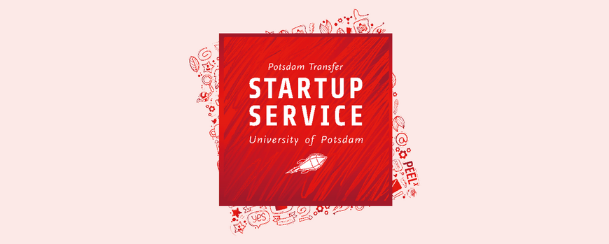 Rotes Qaudrat mit weißem Schriftzug "Startup Service" auf roten Icons und hellroten Hintergrund