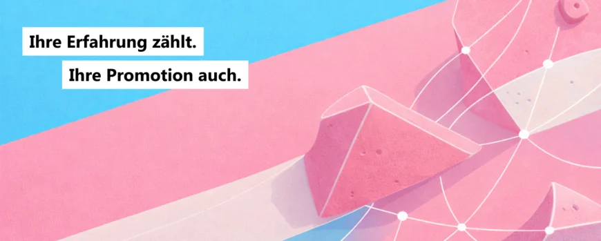 Eine Boulderwand in den Transfarben und dem Schriftzug "Ihre Erfahrung zählt. Ihre Promotion auch."