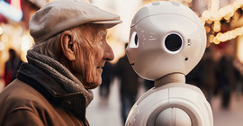 Älterer Mann steht einem Roboter Kopf an Kopf gegenüber.