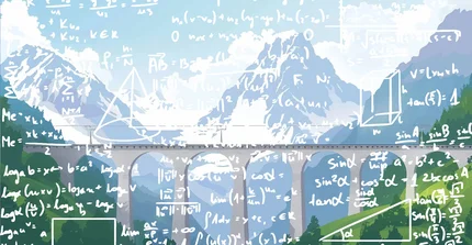 Brücke vor Gebirgslandschaft mit mathematischen Symbolen