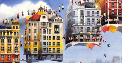 a surreal watercolour painting by artist Brzozowski. Four houses are slowly taking off and flying away one after the other. People are standing on top of the houses. Some of them are using umbrellas to fly. The atmosphere is peaceful and playful.