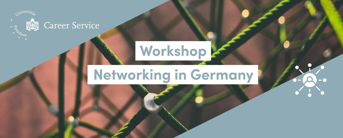 Bild eines Kletternetzes. Darüber Text, der einen Networking-Workshop ankündigt. - 