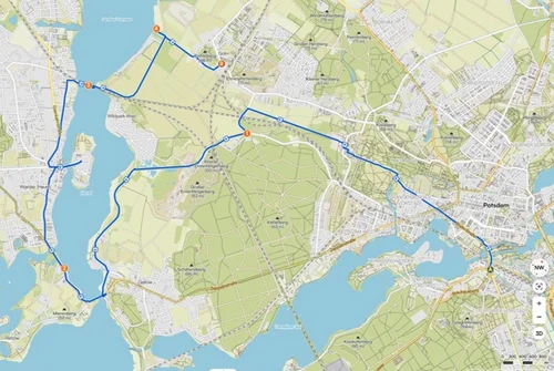 Karte der Route Fahrradtour PoGS von Potsdam Hauptbahnhof zur Insel Werder und weiter nach Golm Hauptbahnhof.