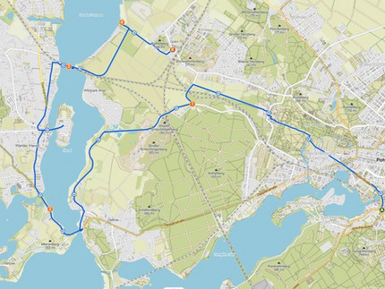 Karte der Route Fahrradtour PoGS von Potsdam Hauptbahnhof zur Insel Werder und weiter nach Golm Hauptbahnhof.