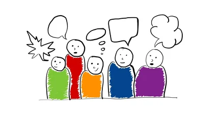 Gemalte Gruppe von Menschen mit Sprechblasen und bunten Anziehsachen