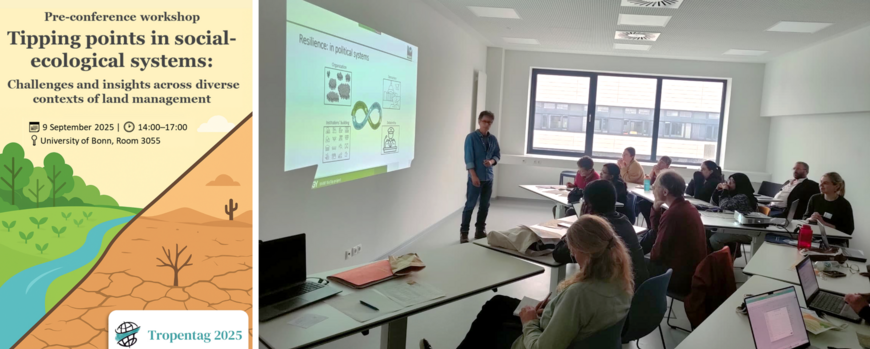 Poster of Tropentag workshop showcasing a healthy ecosystem and a degraded one; presenter standing in front of about 15 people in a classroom