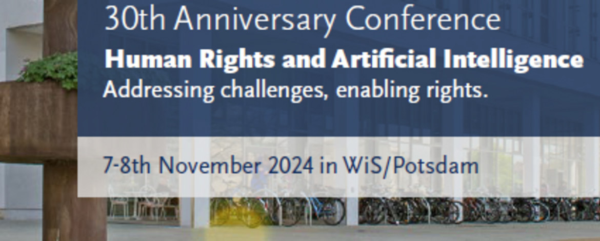Das Bild stellt das Bildungsforum Potsdam dar und informiert über die Konferenz zum Thema "Human Rights and Artificial Intelligence: Addressing Challenges, Enabling Rights" am 7. und 8. November 2024 in Potsdam - 