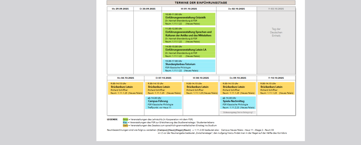 Zu sehen ist eine Übersicht der Termine der Einführungstage 2025 der KlassPhil