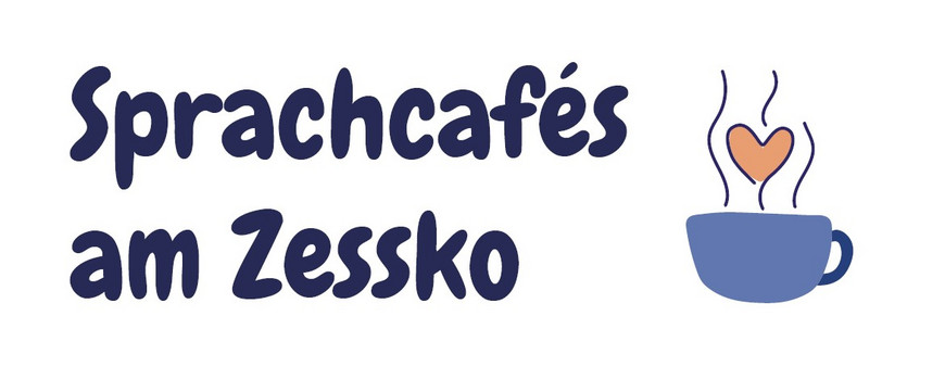 Text: Sprachcafés am Zessko mit Symbol einer duftenden Kaffeetasse