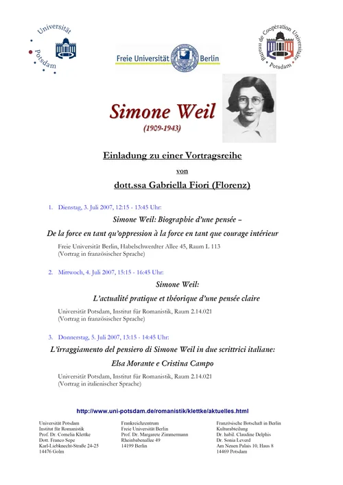Sanssouci – Vorträge zur französischen Literatur im Sommersemester 2007
