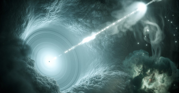Künstlerische Darstellung des aktiven Galaxiekerns. Das supermassive Schwarze Loch im Zentrum der Akkretionsscheibe schickt einen energiereichen, scharf gebündelten Teilchenstrahl senkrecht ins All. Grafik: DESY Science Communication Lab.
