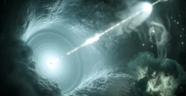 Künstlerische Darstellung des aktiven Galaxiekerns. Das supermassive Schwarze Loch im Zentrum der Akkretionsscheibe schickt einen energiereichen, scharf gebündelten Teilchenstrahl senkrecht ins All. Grafik: DESY Science Communication Lab.