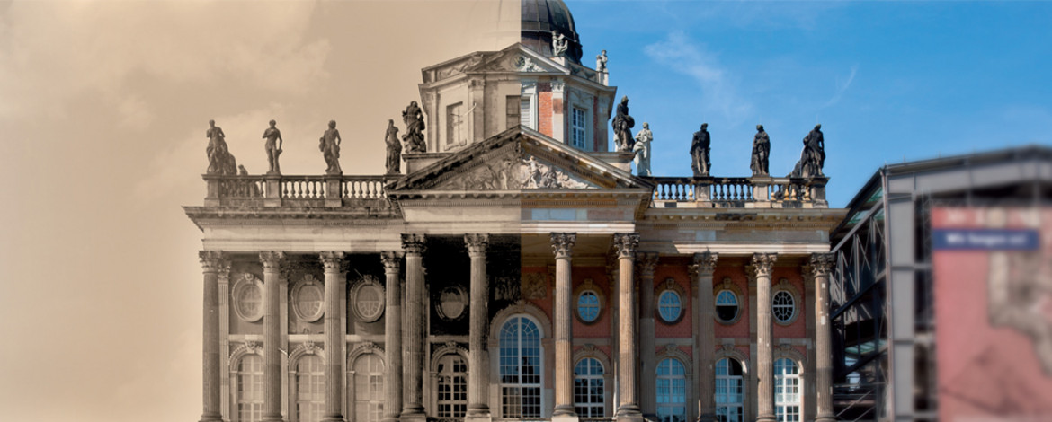 Collage zweier Bilder. Linke Seite ist alte Aufnahme und rechte Seite neue Aufnahme des Neuen Palais.