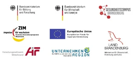 Logos der Fördermittelgeber BMBF, BMWi, EFRE, AIF, Unternhemen Region, ZIM, Land Brandenburg und Gesundheitscampus Brandenburg