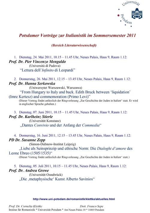 Potsdamer Vorträge zur Italianistik im Sommersemester 2011