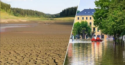 Ein augetrocknetes Flussbett neben einer überschwemmten Stadt