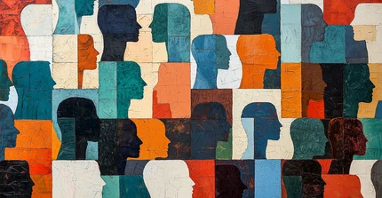 Collage verschiedener Köpfe im Profil. Sie sind als farbige Silhouetten mosaikartig dargestellt.