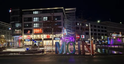 "Moin" Letters in the city center of Kiel, at Night