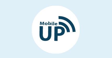 Logo Mobile.UP - Schriftzug Mobile UP mit Funkwellen über dem P