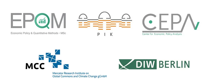 Logos von Economic Policy and Quantitative Methods (EPQM), Potsdam Institut für Klimafolgenforschung (PIK), Center for Economic Policy Analysis (CEPA), Mercator Research Institute on Global Commons and Climate Change (MCC), Deutsches Institut für Wirtschaftsforschung (DIW)