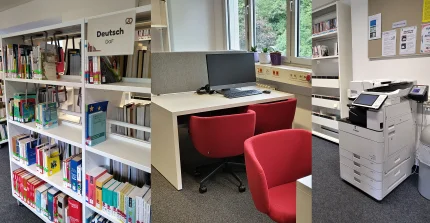 Bildcollage mit Bücherregal, Schreibtisch mit PC, Kopiergerät