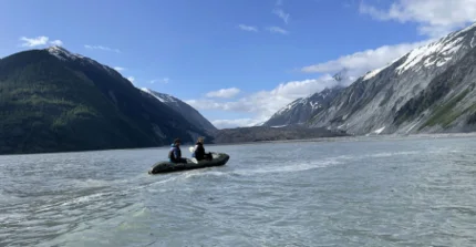 Natalie Lützow and Georg Veh in a packraft crossing Lituya Bay (Photo by Marten Geertsema).