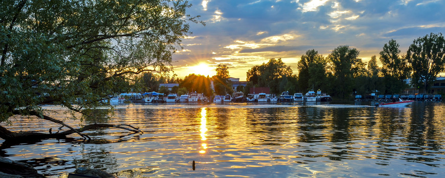 Auf einem provisorischen Steg steht ein Laptop, nah am Ufer schwimmen 2 Enten. DIe untergehende Sonne spiegelt auf der Wasseroberfläche. Auf dem gegenüberliegenden Ufer sind Boote und Bäume zu sehen. Die Sonne bricht durch die WOlken