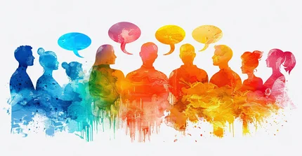 Illustration: Menschen als bunte Silhouetten erkennbar. Ebenfalls bunt und umrisshaft: Sprechblasen.