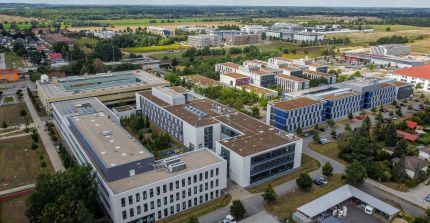 Aerial drone image of the Golm campus with several research buildings