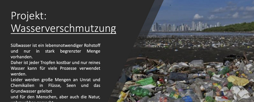 Text zur Wasserschmutzung mit einem Bild mit viel Müll auf dem Wasser