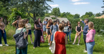 On a green lawn, a workshop group stands together, listening to a teacher