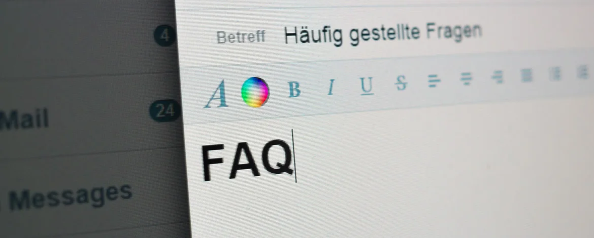 Geöffnete E-Mail mit dem Betreff "Häufig gestellte Fragen" und dem Inhalt "FAQ" - 