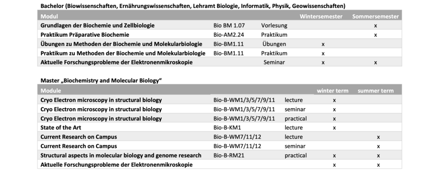 Tabelle mit Lehrveranstaltungen Team Biochemie