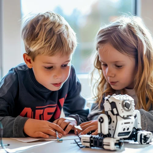 Junge und Mädchen mit Roboter