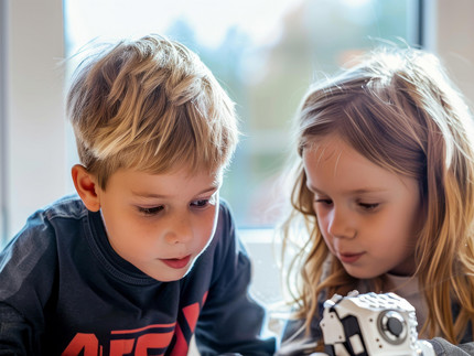 Junge und Mädchen mit Roboter