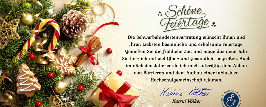 Weihnachtsgrüße der SBV auf dem Bild ist ein weihnachtlicher Zweig mit Dekoration zu sehen und einige Worte zu den Weihnachtswünschen