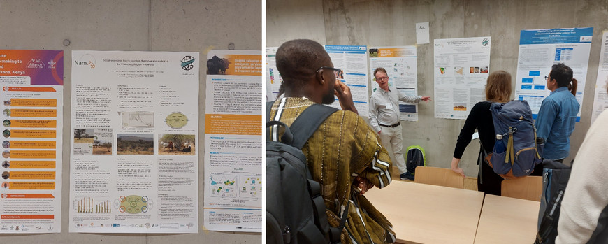 (from left to right) Poster hanging on wall; researcher presenting poster in front of a small audience