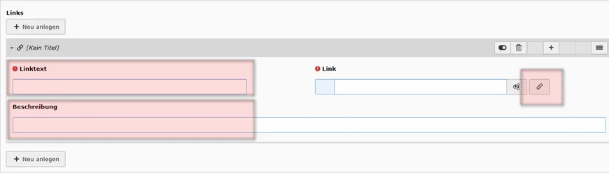 Geben Sie den erforderlichen Linktext und die URL ein. Optional können Sie eine Beschreibung für jeden Link hinzufügen.