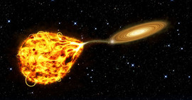 Künstlerische Darstellung des Masseverlustes eines Roten Riesensterns aufgrund der Anziehungskraft seines sonnenähnlichen Begleiters. | Abbildung: Joris Vos