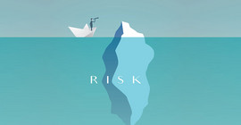 Eine Illustration eines Eisbergs im Wasser. die obere kleine Spitze guckt an der Oberfläche heraus, ein Bootfahrer sieht mit einem Fernglas darauf. Der größere untere Teil befindet sich unter der Wasseroberfläche, auf ihm steht das Wort "Risk".