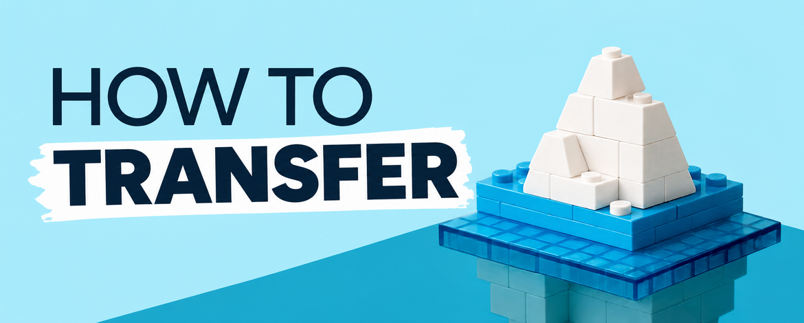 Banner zur Veranstaltung „How to Transfer“ am 20.10.2026. Daneben ein Eisberg aus Bausteinen, dessen größerer Teil unter der Wasseroberfläche liegt. - 
