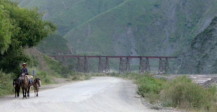 Ein Gaucho reitet mit seinen Pferden durch das „Quebrada del Toro“ Tal. Im Hintergrund ist einer der unzähligen Brücken des „Zugs zwischen den Wolken“