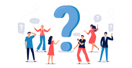 Ein großes Fragezeichen in der Mitte und Menschen drumherum.