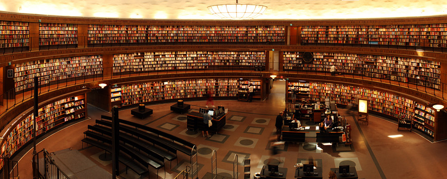 Library interiors with books