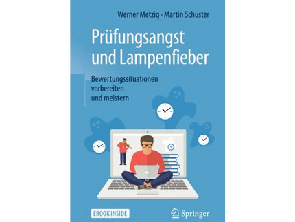 Cover des Buches mit Titel, autoren und Person mit Laptop in einem Laptop sowie Uhren