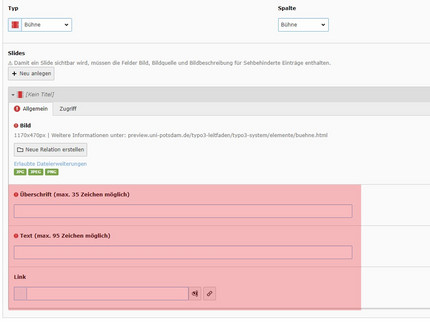 Füllen Sie zunächst die Felder „Überschrift“, „Text“ und „Link“ aus