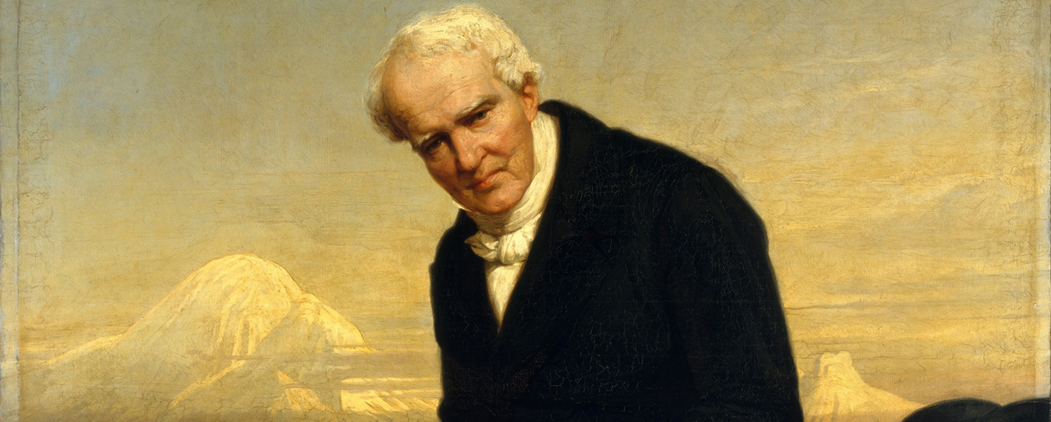 Portrait des greisen Humboldt mit Tagebuch vor amerikanischer Berglandschaft, Bildausschnitt (Julius Schrader, 1859) - 